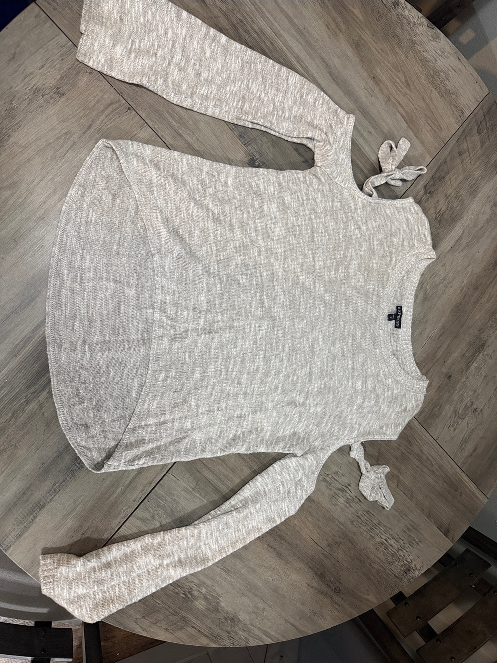 Express light gray and white Cold-Shoulder Tie-Sleeve Sweater
